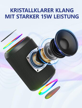 Портативна Bluetooth колонка UOHHBOE з RGB підсвічуванням, 15W, TWS, водонепроникна IPX5, AUX, TF картка, 15 годин роботи