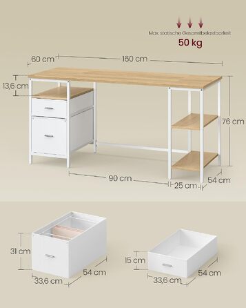 Комп'ютерний стіл VASAGLE з 3 полицями та 2 шухлядами, 160 x 60 x 76 см (натуральний дуб та перламутровий білий)