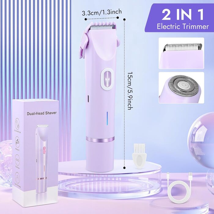Електричний жіночий тример 2-в-1 для обличчя, тіла та брів, водонепроникний, фіолетовий