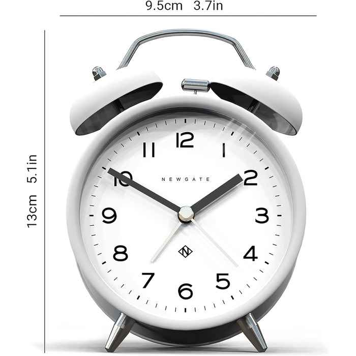NEWGATE ® Charlie Bell Echo Alarm – Small Modern Nightstand Alarm Clock – Bedroom Accessory – Alarm Clock – Desk Accessory – Nightstand Clock – Arabic Numerals (White)