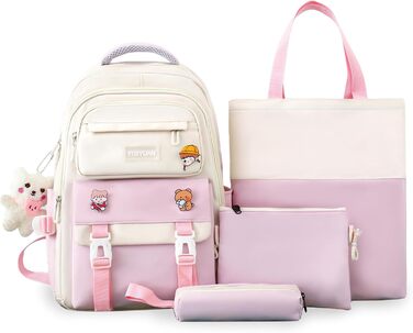 Шкільний рюкзак Tanou для дівчаток 4-х частинний, для 3-7 класів, з пеналом та сумкою через плече (рожевий)