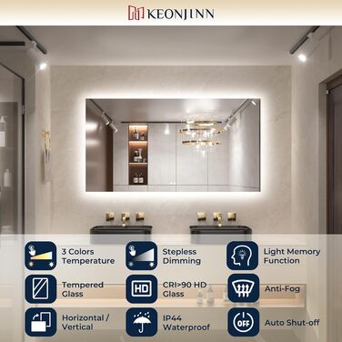 Дзеркало для ванної кімнати Keonjinn з підсвічуванням 60 см, антизапарюючий, з сенсорним вимикачем, пам'ять, 3 кольори світла, регульована яскравість, LED, без рами, прямокутне (90x90 см)