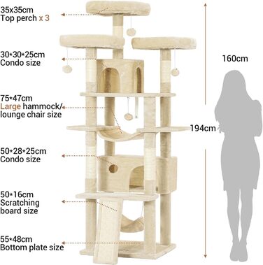 Дім-гойдалка для котів MSmask Kratzbaum Beige 194 см з 3 платформами, 2 печерами та гамаком