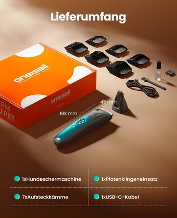 Машинка для стрижки собак та котів oneisall 2-в-1 з тримером для подушок, LED-підсвічуванням, тиха, акумулятор 2000 mAh, для густого та кучерявого хутра, синього кольору