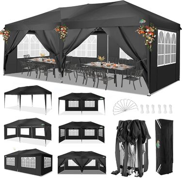 COBIZI Pop-up Pavilion 3x3, Folding Pavilion 3x3 Waterproof, Stable, Winter-proof |8X Pegs|4X Wind Rope|UV Protection 50+|High-Density Tarpaulin| Pavilion Foldable 3x3m Party Tent Folding Pavilion 3x3 Garden Pavilion (Black, 3x6m with 6 Side Panels)