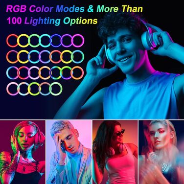 Ринг-лампа 13 дюймів з штативом, кліп для планшета та 2 тримачами для телефону, 3000-6000K, 10 рівнів яскравості, музичні режими, 100 RGB-режимів, LED для селфі, TikTok, Vlog, YouTube, Facebook відео, багато кольорів