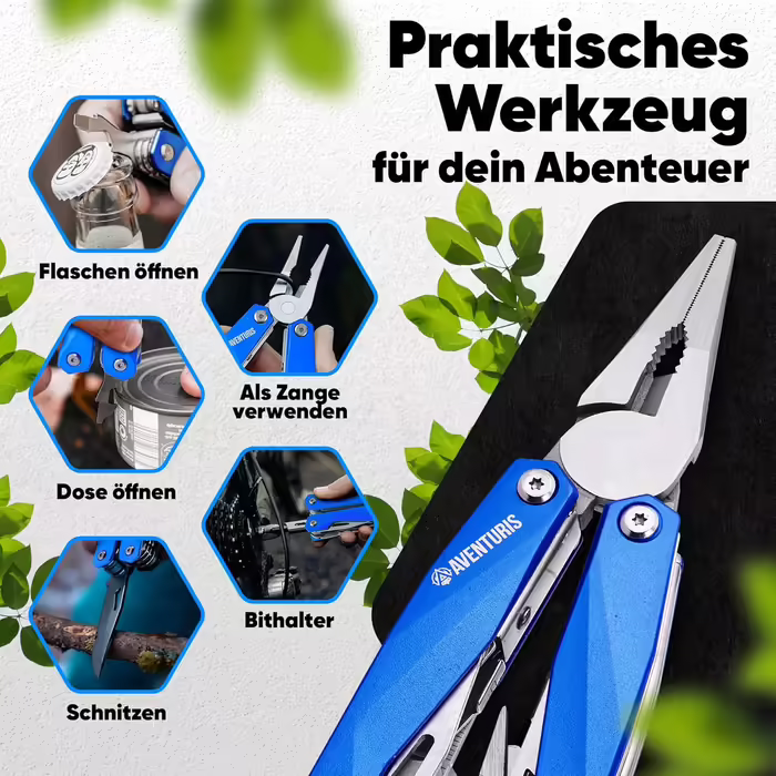AVENTURIS® Multitool. Great multifunctional tool as bicycle accessory or outdoor gear, a multitool tool as men's gifts or Leatherman multitool green (Personalized, Blue)