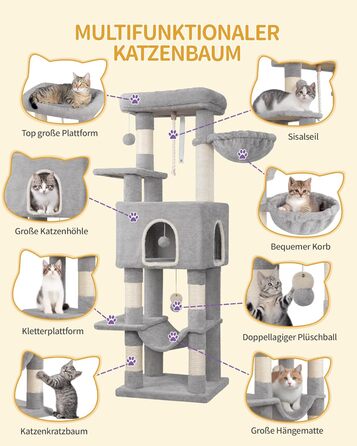 Двоповерховий комплекс для котів з 5 стовпчиками для шліфування, платформами, будиночком, помпонами, сірий (149см)