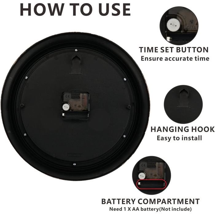 DIYZON Round Classic Wall Clock, Silent No Ticking, 40 cm High-Quality Quartz Vintage Clock, Large Number Retro Decorative Clock, Battery-Powered, Easy to Read for Home, Kitchen, Dining Room (Black-1, 25CM)