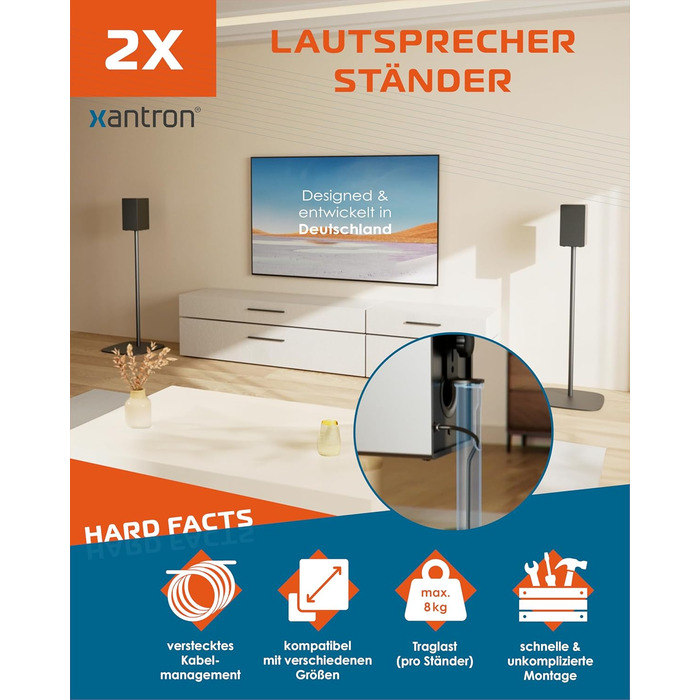 Підставка для колонок Xantron® 2X, регульована висота до 103 см, з антиковзким покриттям та прихованою прокладкою кабелю, з кріпленням, PREMIUM-USF-2