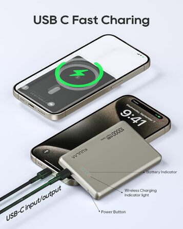Power Bank Kuulaa MagSafe 10000 mAh, 20W, Тонкий, Магнітний, для iPhone, Space Grey (Natural Titanium)