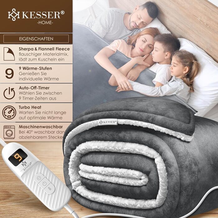Електрична грілка KESSER® 200x180 см з автовимкненням | 9 температурних режимів | Зручна та тепла | Для ліжка та дивану | Можливість прання до 40°C | з таймером та цифровим дисплеєм | Антрацит
