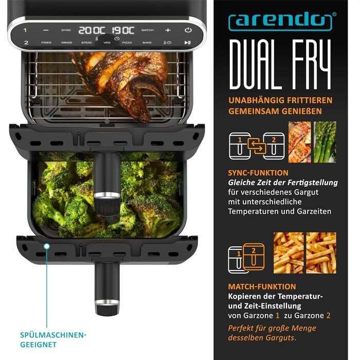 Фритюрниця Arendo з гарячим повітрям XXL Dual Zone з 2 камерами – 11 л – 2 зони – Airfryer з подвійними камерами та вікном – 6 програм – Без BPA – 3D циркуляція повітря – Функції Sync та Match A: 11 літрів