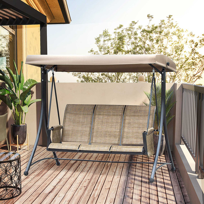 Outsunny Hollywood Swing with Side Pocket, 3-Seater Garden Swing with Adjustable Sunshade, Swing Bench Load Capacity up to 300kg, for Garden, Terrace, 196 x 128 x 172 cm, Brown | Aosom