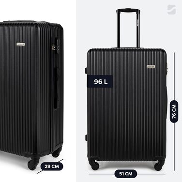 Набір валіз 3 шт: ручна поклажа, середній та великий кофр, ABS, 360° колеса, кодовий замок, телескопічна ручка (Чорний, XL)