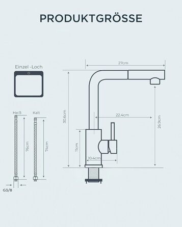 Змішувач кухонний FORIOUS висувний з душем, шланговий, нержавіюча сталь, 360° обертання, 2 режими, L-подібний
