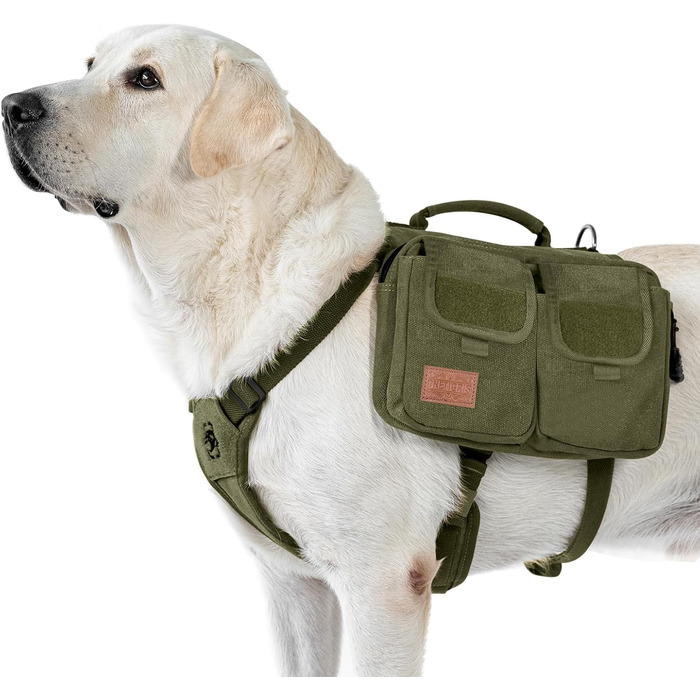 Шлейка для собак OneTigris з рюкзаком Hoppy Camper 3.0, зелена, для середніх/великих собак, рюкзак для собак з 2 основними та 4 додатковими кишенями