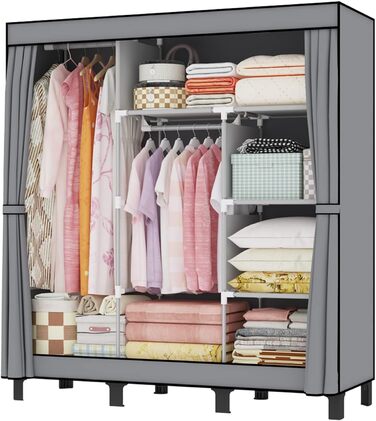 LOEFME Wardrobe, cloth wardrobe with 2 sturdy clothes rails, fabric clothes closet with shelves, open foldable clothes rack, storage for the bedroom, 172 x 130 x 45 cm (Grey)