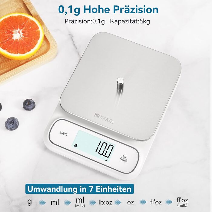 Кухонні ваги BOMATA, цифрові, 5 кг, точність 0,1 г, з підсвічуванням, платформа з нержавіючої сталі, білий колір