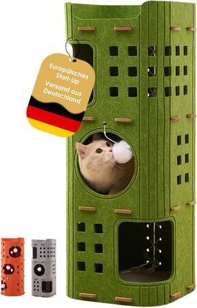 Котяча кігтеточка преміум-класу з 4 ярусами та 3 будиночками, філц, 90 см, зелена