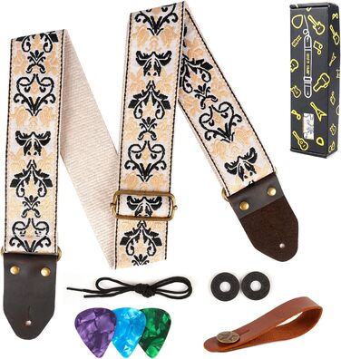 Гітарний ремінь Jacquard з вишитою бавовною та шкіряними кінцями для акустичної гітари (Gs-75-9 Yellow Jacquard)