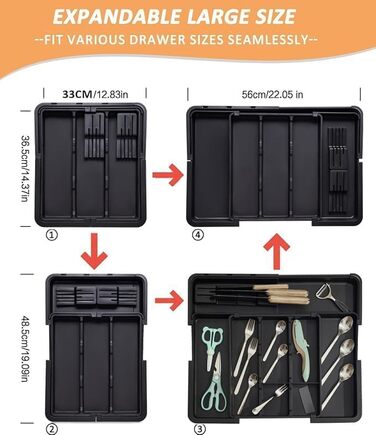 Органайзер для столових приборів ZHUlYIWIN в шухляду, розсувний, з тримачами для ножів (сірий)