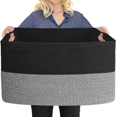 MEGASKET Великий прямокутний плетений кошик для зберігання 59,9×43,2×30,5 см, чорний з чорними смужками, для пледів, рушників, іграшок, білизни, дитячої кімнати, вітальні та басейну