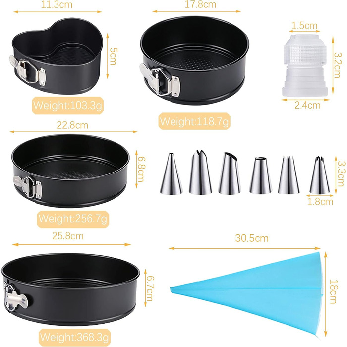 Форми для випічки Amzeeniu Springform, набір 4 шт., 11/18/23/26 см, круглі, професійні, знімний дно, антипригарне покриття, набір з 8 насадок для крему, 3 шаблони для тортів, чорний колір