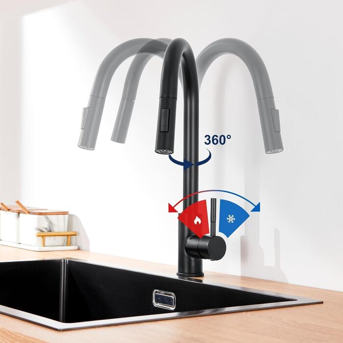 Змішувач кухонний Lonheo з висувною лійкою, високий поворотний кран для кухні з нержавіючої сталі, двофункціональний, для мийки, матовий чорний