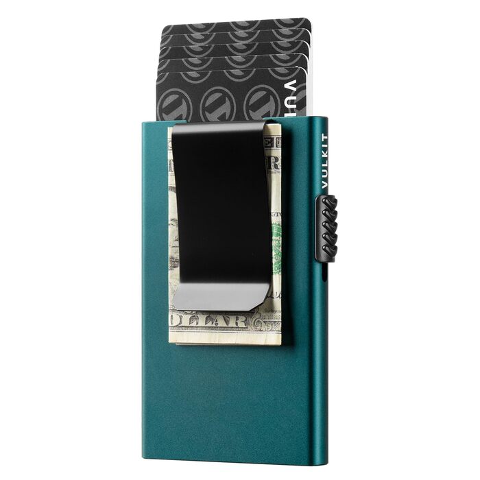 Чоловічий картхолдер VULKIT з RFID-захистом та Pop-Up системою, мінімалістичний тонкий гаманець зі сталевою затискачею для купюр (Смарагдово-зелений)