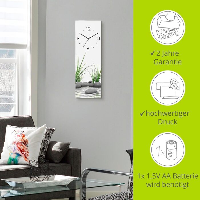ARTLAND Wall Decoration Wall Clock No Ticking Sounds Glass Radio Clock 20x60 cm Rectangular Silent Natural Design Zen Spa Stones Asian Modern T6CD