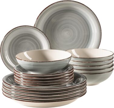 MÄSER 931875 Bel Tempo II, 18-piece tableware set for 6 people with a modern vintage look, hand-painted ceramic tableware, stoneware, smoky blue