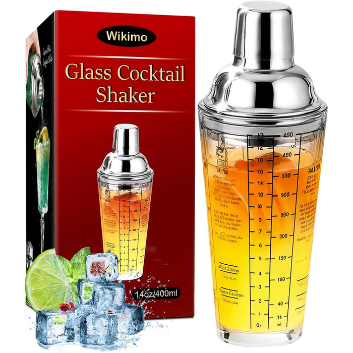Stainless Steel Cocktail Mix Set - 14 Piece Bartender Kit with Bamboo Stand & Cocktail Shaker - Professional Mixology Set - Black (400ml D-Glass)