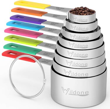 Wildone Measuring Cups & Spoons Set, 18-Piece, Stainless Steel, Stackable, 8 Measuring Cups and 9 Measuring Spoons, 1 Leveler, Ideal for Dry and Liquid Ingredients (Black)
