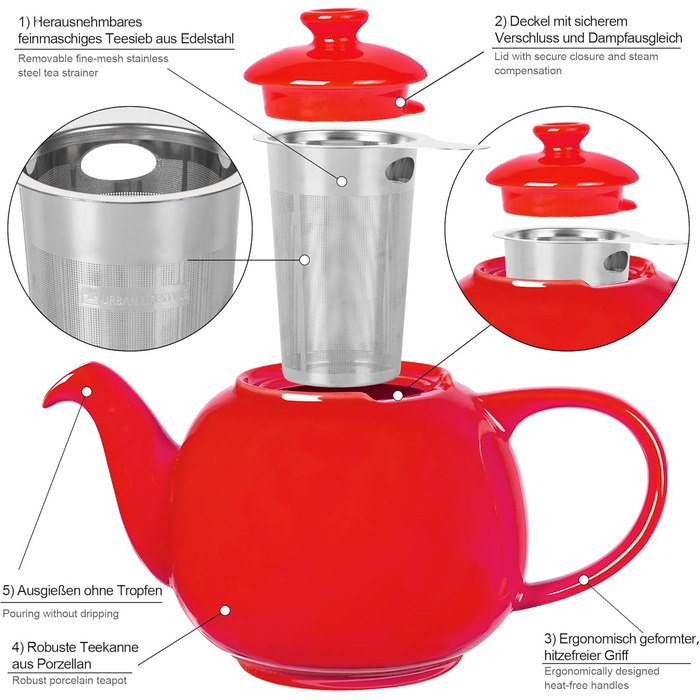 Teapot with infuser, Swansea Sea Green 1.1 L with filter, made of porcelain by URBAN LIFESTYLE, a drip-free teapot. Teapot with infuser, porcelain (Red)