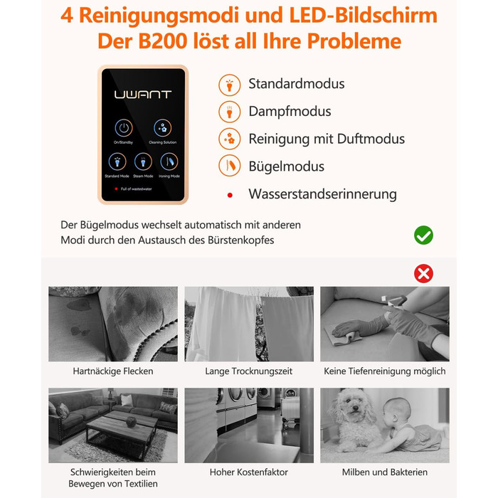 Пристрій для чищення м'яких меблів Uwant B200, 1900W, з функцією пароочищення | Для килимів, диванів, штор, одягу