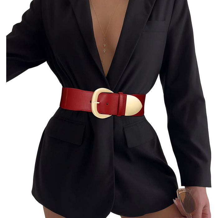 Жіночий широкий пояс-кулісок WHIPPY, еластичний, з золотистою пряжкою, 110 см, розмір талії 94-114 см (Червоний(золото))