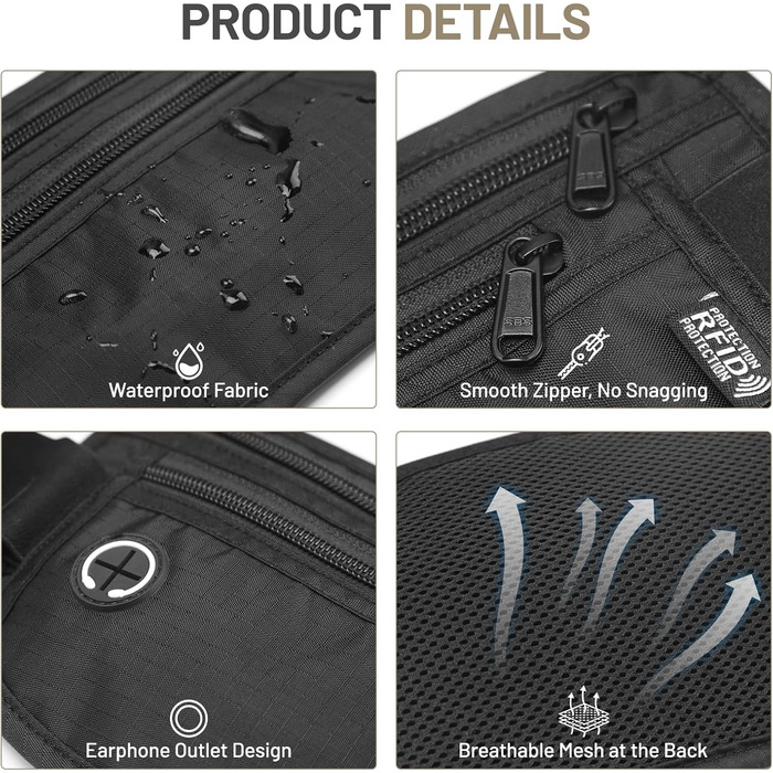 Водонепроникна поясна сумка з RFID захистом та антикрадійним замком для подорожей та спорту (Чорний)