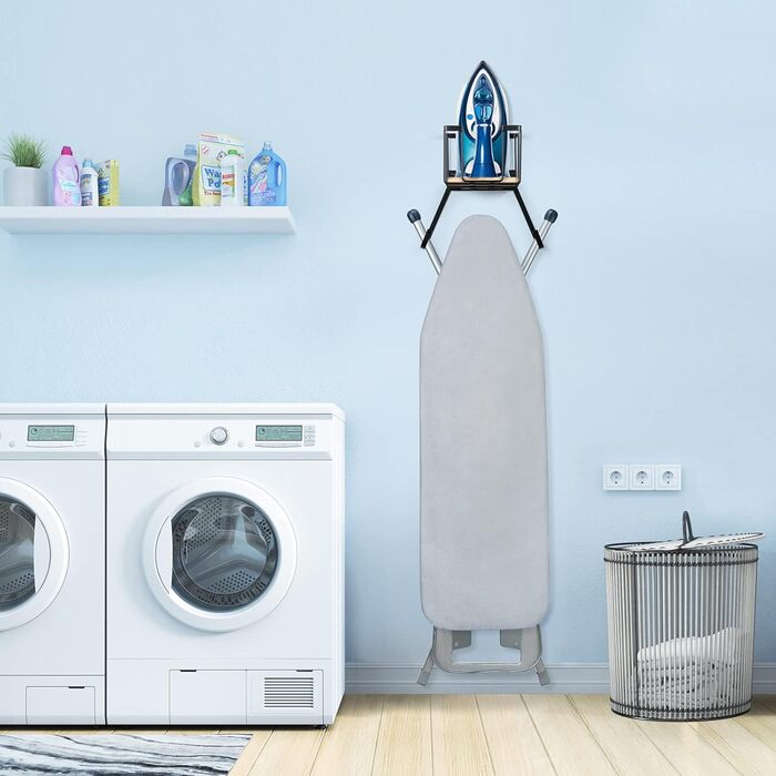 Настінна підставка для прасувальної дошки MOREE з кошиком для зберігання – тримач для праски та прасувальної дошки для пральні – чорний, великий