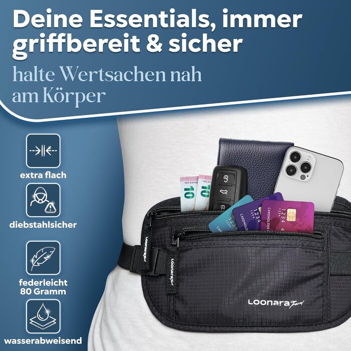 Чоловіча/жіноча поясна сумка з RFID захистом (водостійка) - поясний ремінь для безпечних подорожей. Підходить для спорту, бігу та подорожей (чорна)