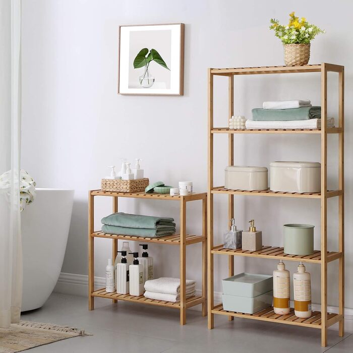 SONGMICS 3-Tier Shelves Bathroom Shelf, Bathroom Rack, Kitchen Shelf, Shoe Shelf, Bamboo Stand Shelf, 60 x 26 x 66 cm ideal for Bathroom, Living Room, Hallway, Kitchen, Balcony BCB33Y