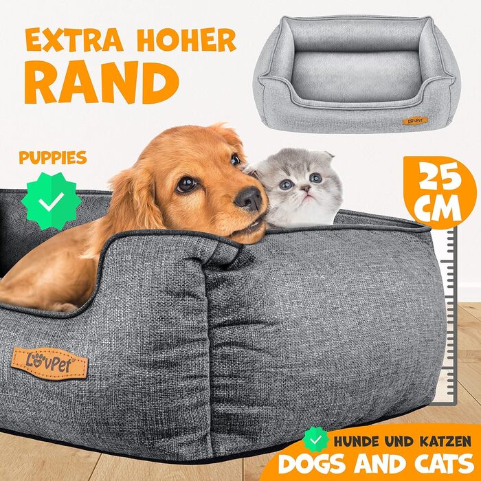 Lovpet® Dog Bed, Dog Cushion, Dog Basket Chiller, Incl. Bowl + 3X Chew Bones, Dog Sofa Cushion for Small, Medium & Large Dogs, Removable and Washable Cover, L 90 x 75 x 25 cm Grey