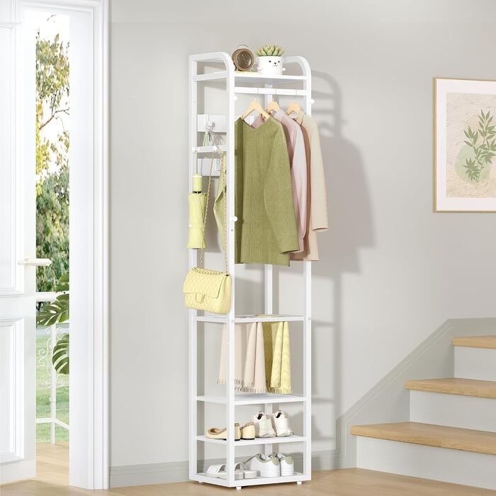 Настінна вішалка для одягу з 4 полицями та 13 гачками, 30 x 40 x 186 см, біла