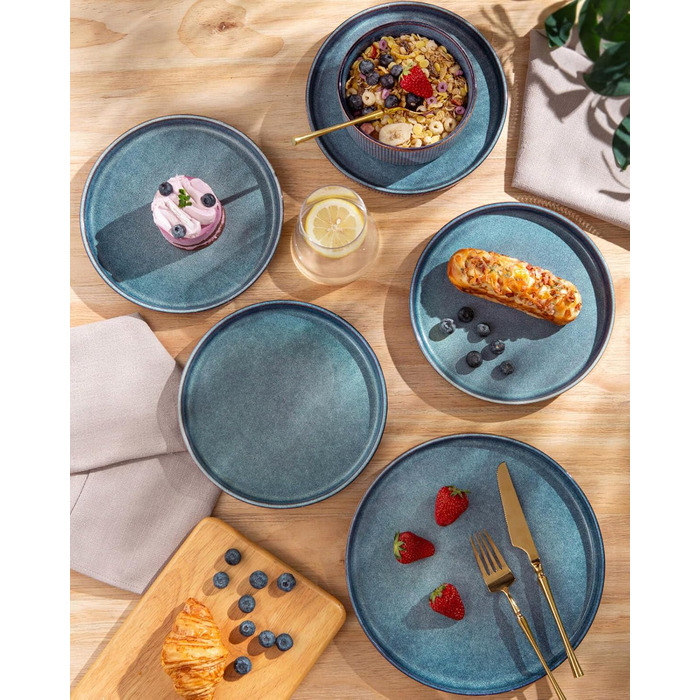 Набір посуду GBhome з каменю, 24 елементи, ручна робота, для 6 осіб, стійкий до миття в посудомийній машині та мікрохвильовій печі, керамічний посуд, блакитний колір