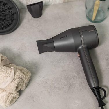 Фен Cecotec Bamba IoniCare Harmony, 2600W, регулювання температури та швидкості, технологія HairCare, іонізація, 1.8 м, 2 насадки, холодний струмінь (чорний, компактний)