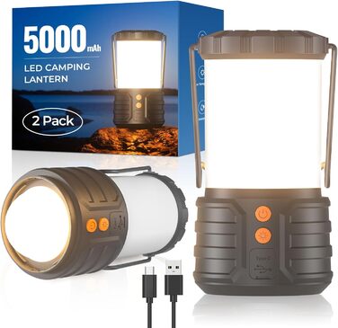 2 Pack Camping Lanterns, LED Camping Lanterns, 5000mAh Rechargeable Battery Emergency Lights for Power Outages, 3 Colors, IPX4 Waterproof Portable Flashlight Camping Tent Light for Home