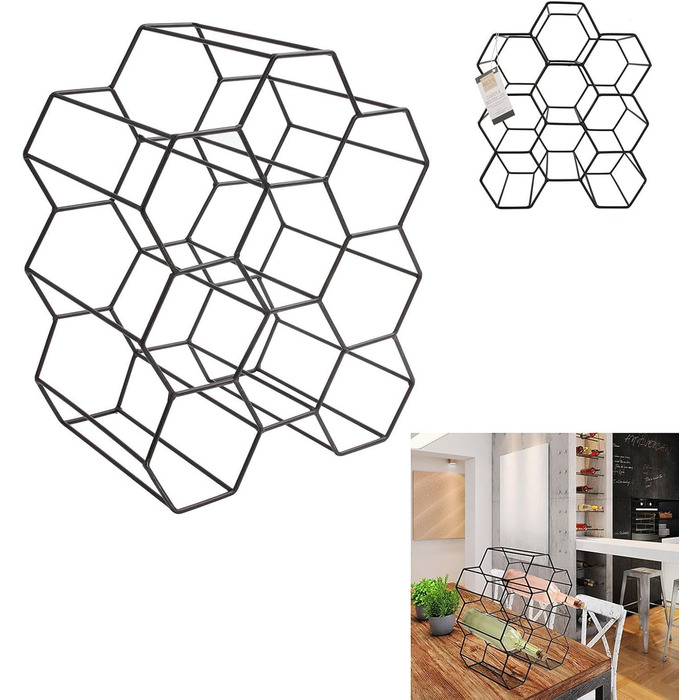 Home Deco Factory KA3041 Wine Rack, Black Metal Mesh, Storage for 9 Bottles, One Size