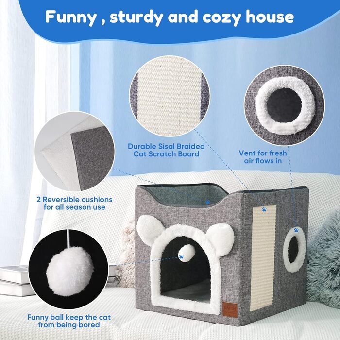 Foldable Cat House, 2-Tier Cat Cave Cube Large Space Cat Bed with Scratching Board and Play Ball for Small to Medium Pets Indoor Retreat 40 * 40 * 35cm Grey