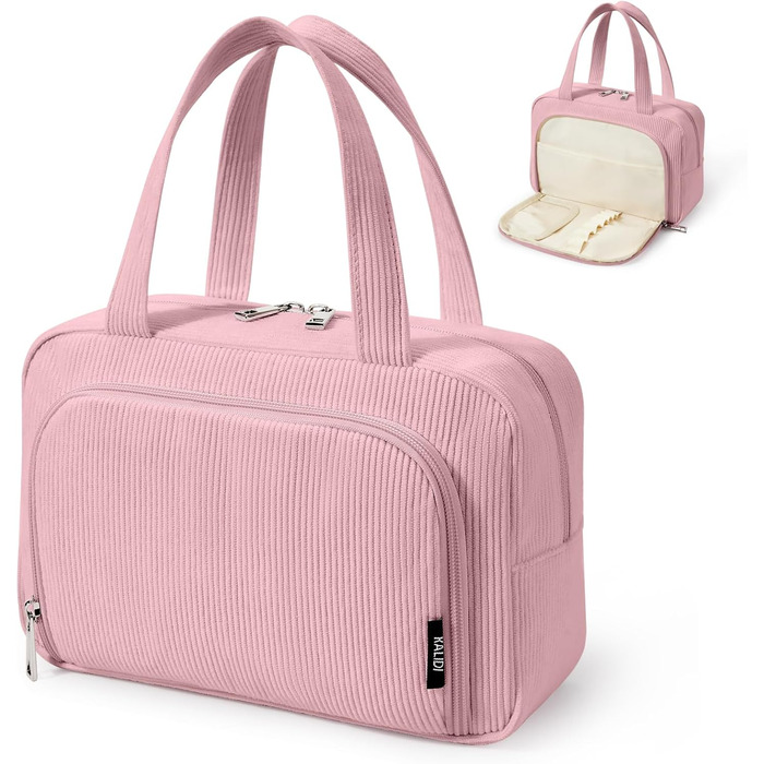 Косметичка для жінок Kalidi з багатьма відділеннями та відділенням для пензликів, велика, для подорожей, органайзер макіяжу, косметичка-рюкзак, темно-зелений (рожевий)