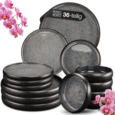 Moritz & Moritz SOLID 36-Piece Stoneware Dinnerware Set for 12 - 12-Piece Dinnerware Set consisting of 12 Dinner Plates, Small Plates, and Deep Plates (36-Piece)